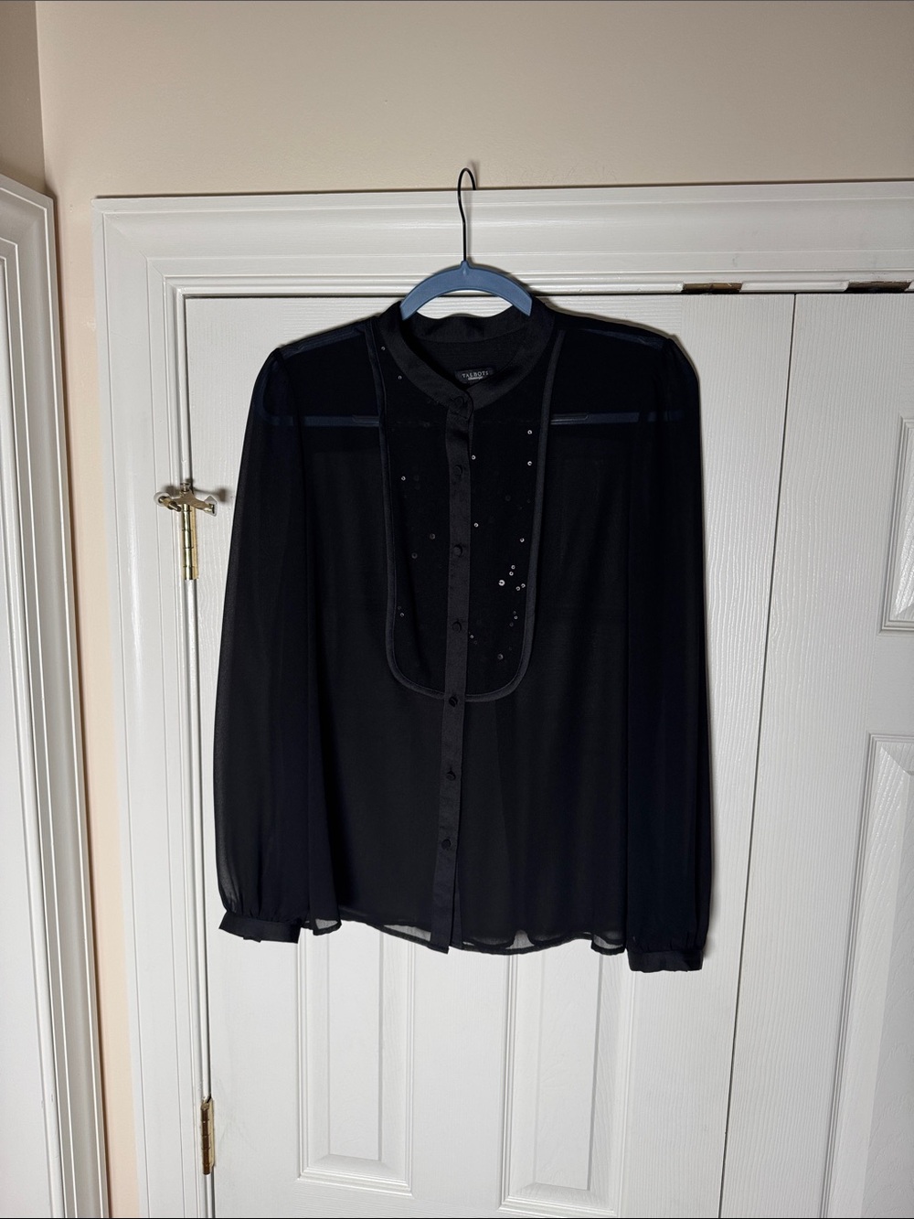Talbots Sheer Black Chiffon Sequin Bib Button-Front Blouse size 8 button up